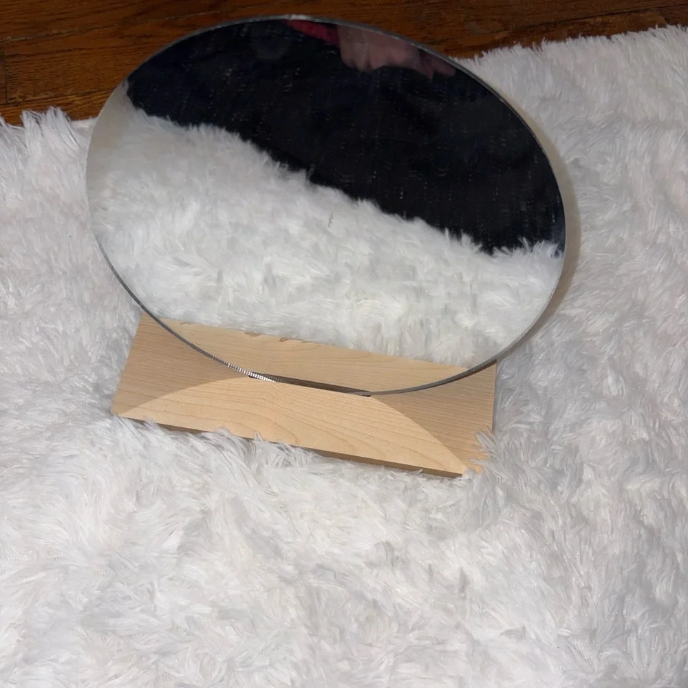 Modern Round Mirror with Wooden Base